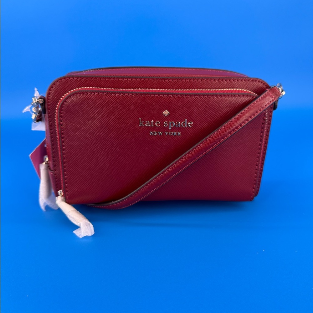 Kate Spade New York Staci Dual Zip Red Currant Saffiano Leather Crossbody Bag